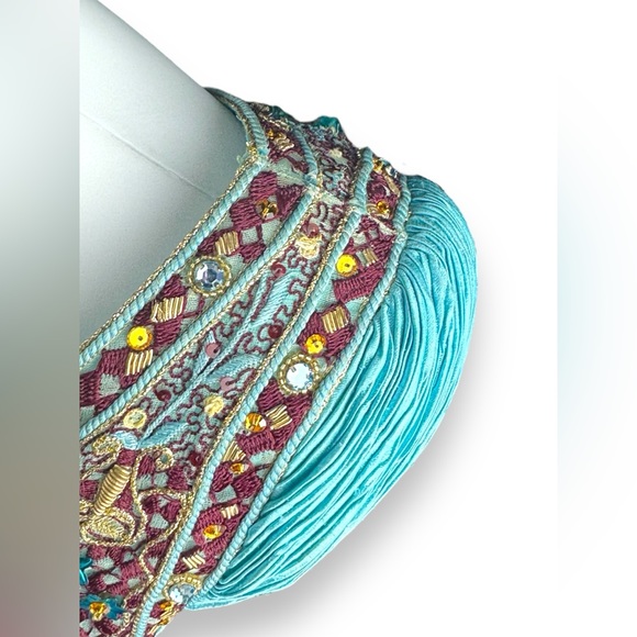 Mary McFadden Couture Long-sleeve Turquoise Pleated Accordion Gown - Picture 12 of 15